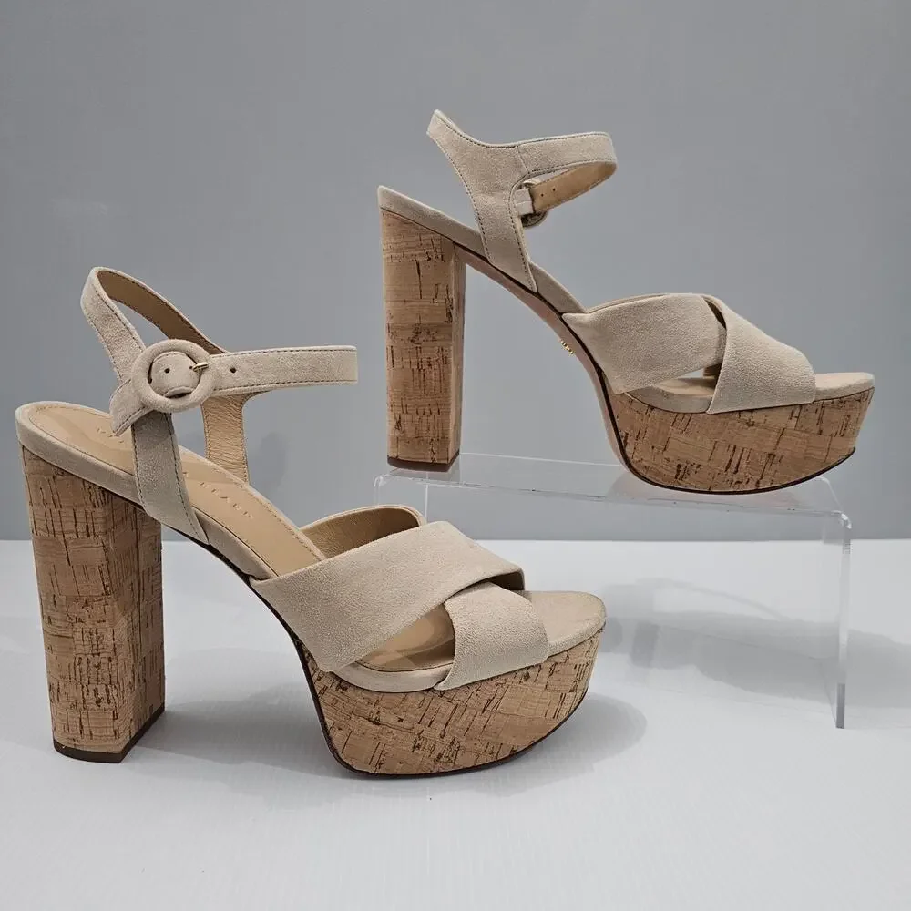 Veronica Beard Lucille Platform Sandal Womens 10 Ecru Suede Cork Block Heel